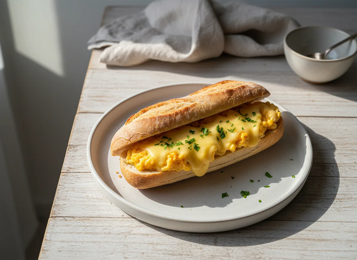 Pão com ovos mexidos e queijo photo