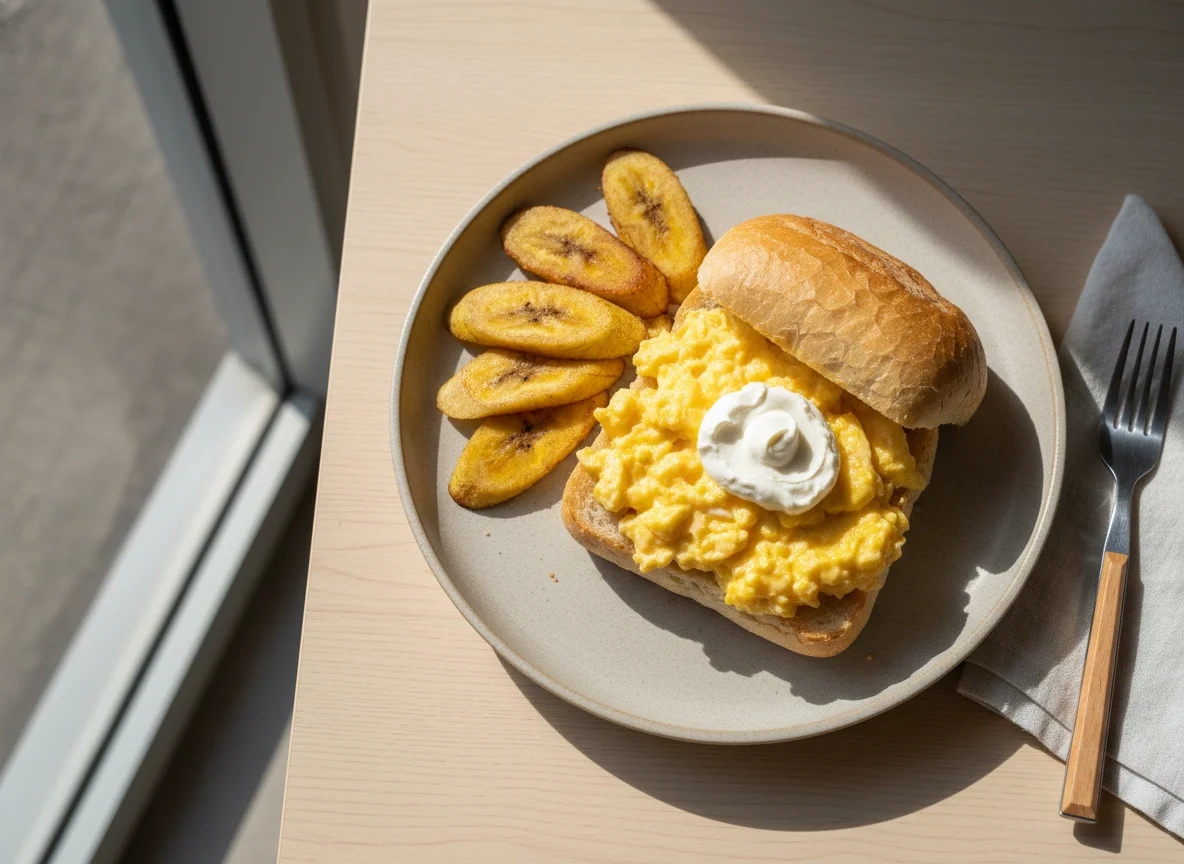 Pão com ovos mexidos e requeijão zero photo
