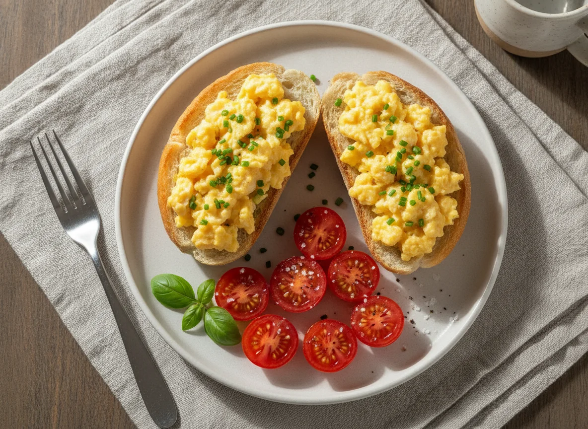 Pão com ovos mexidos e tomate photo