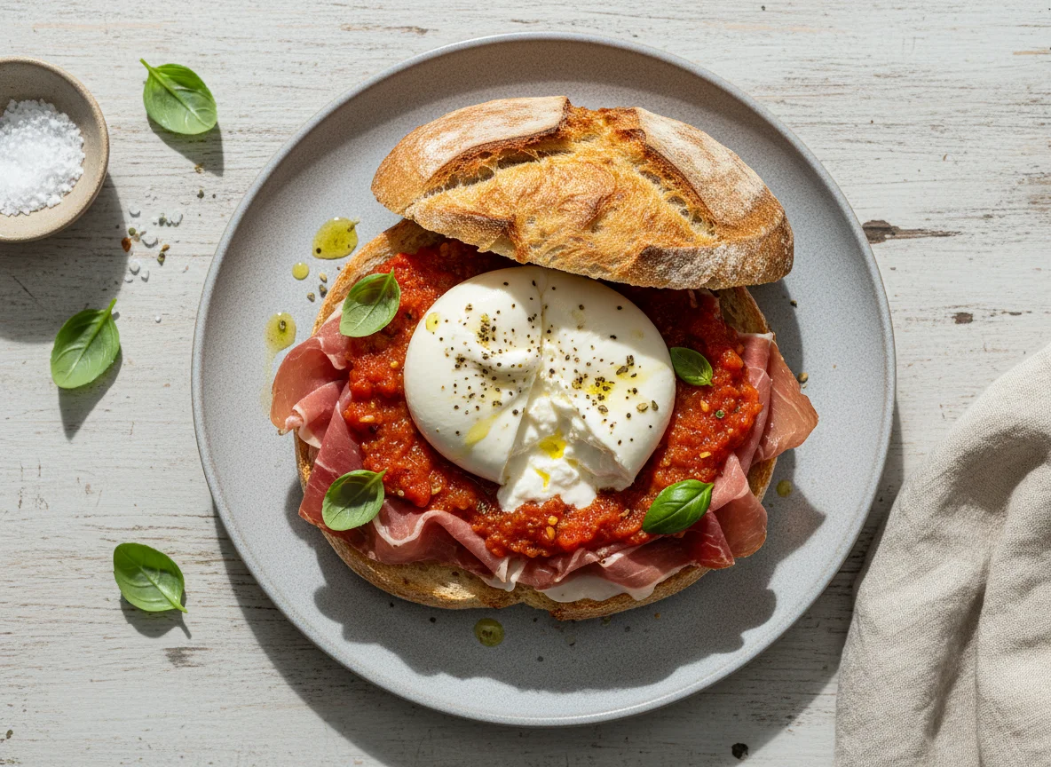 Pão com presunto cru, burrata e molho de tomate photo