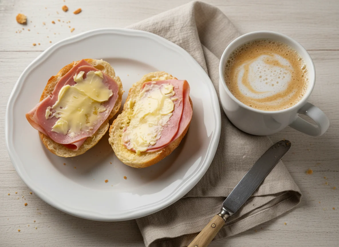 Pão com presunto e manteiga e café com leite photo
