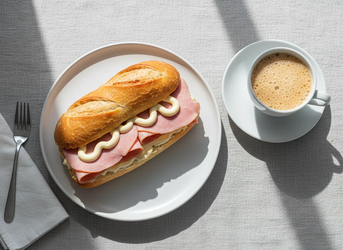 Pão com presunto, requeijão e maionese com café com leite photo