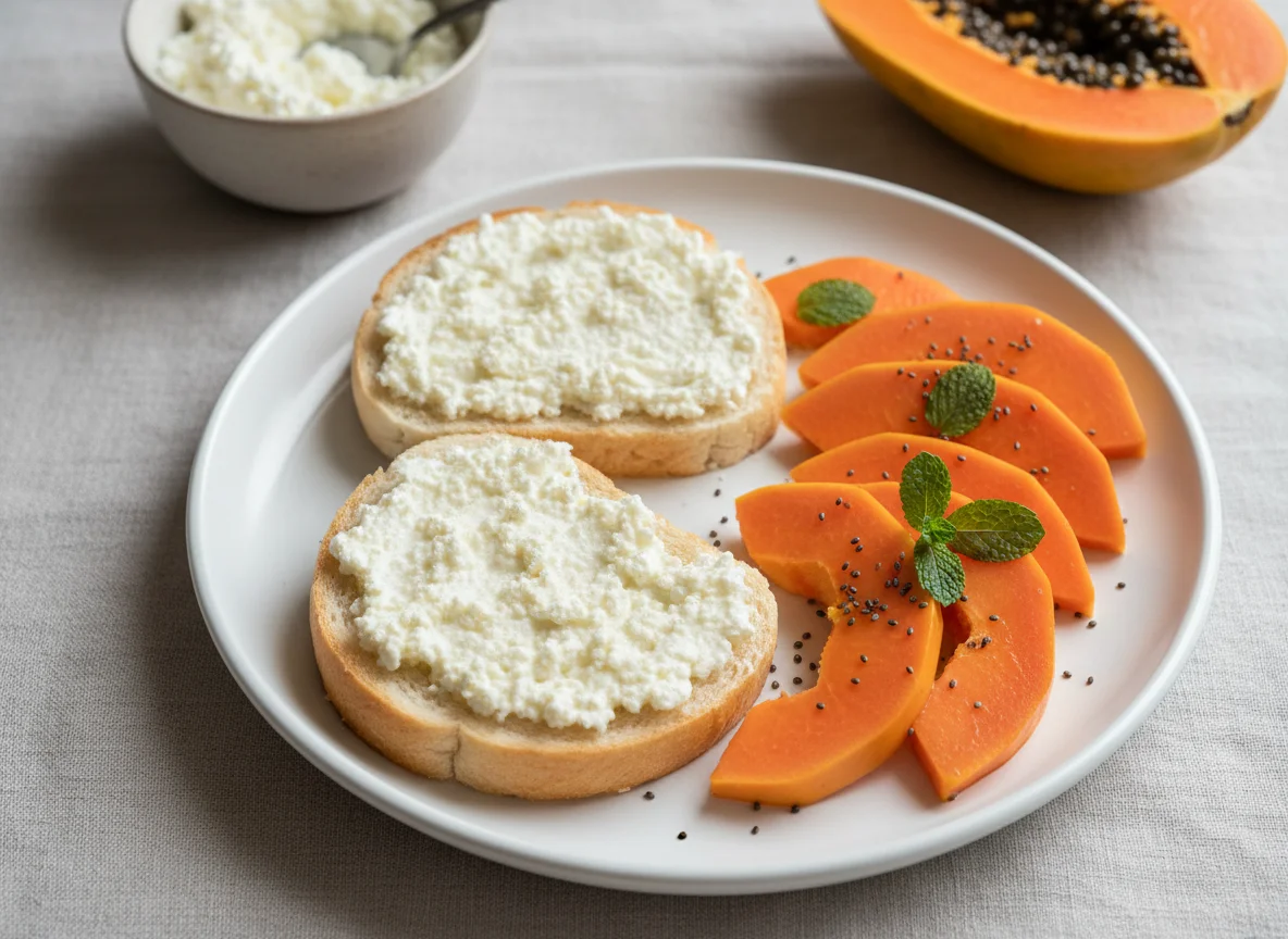 Pão com queijo cottage e mamão photo