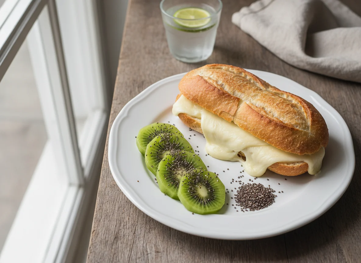 Pão com queijo e kiwi com chia photo