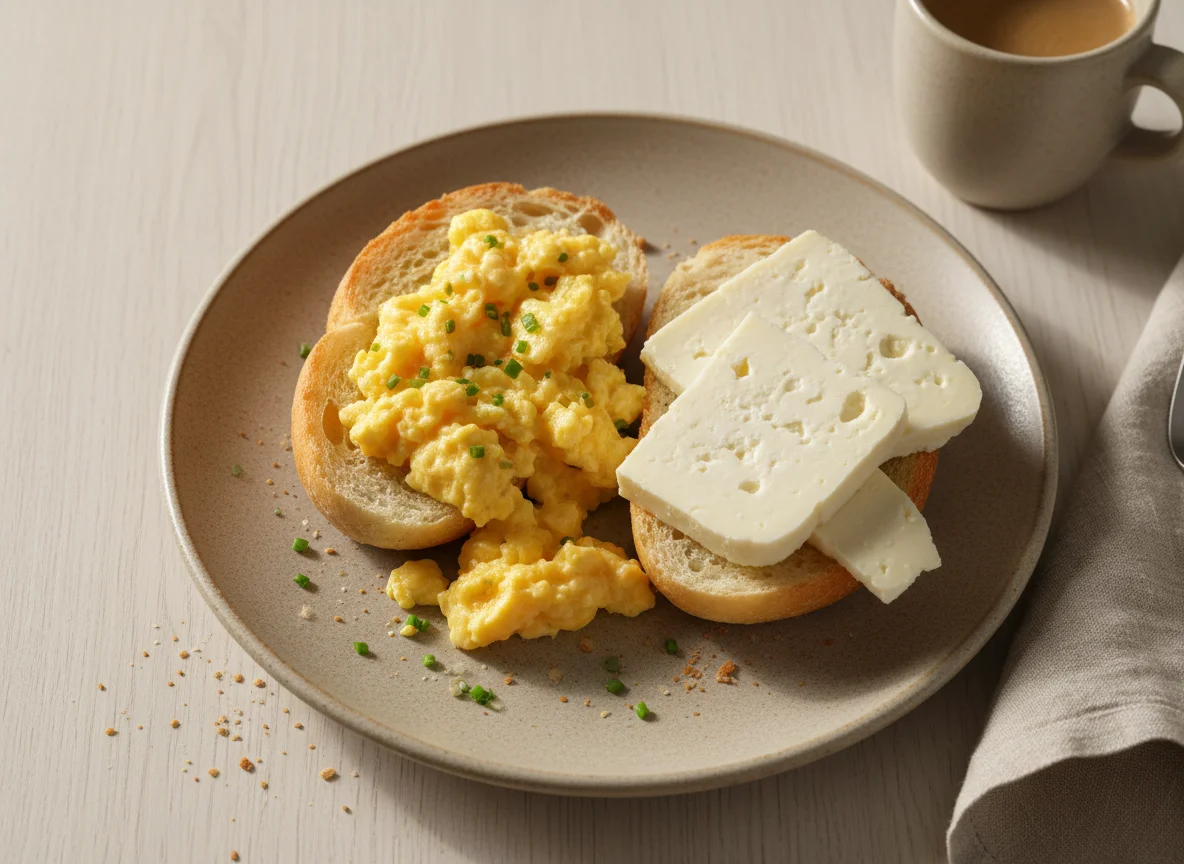 Pão com queijo e ovos mexidos photo