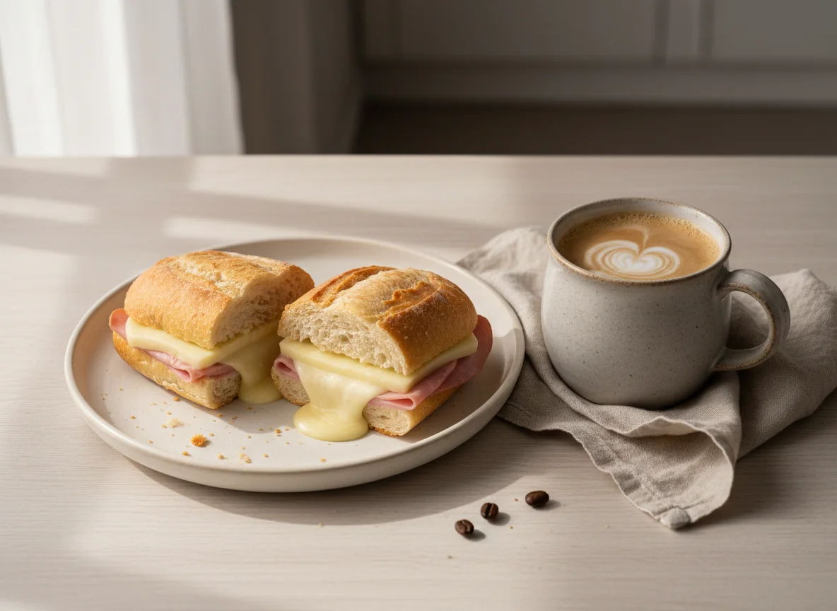 Pão com queijo e presunto e café com leite photo
