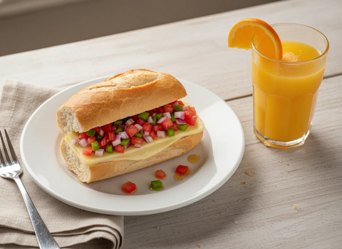 Pão com queijo e vinagrete com suco de laranja photo