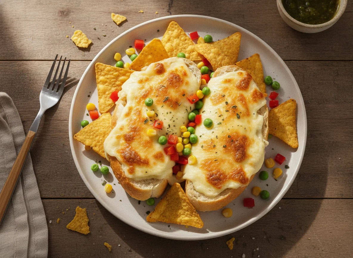 Pão com queijo gratinado e nachos photo