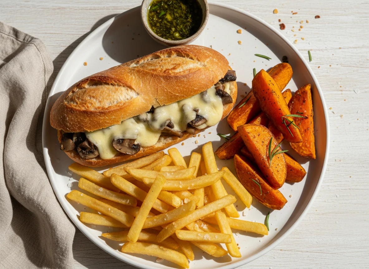 Pão com recheio, batata frita e batata doce assada photo
