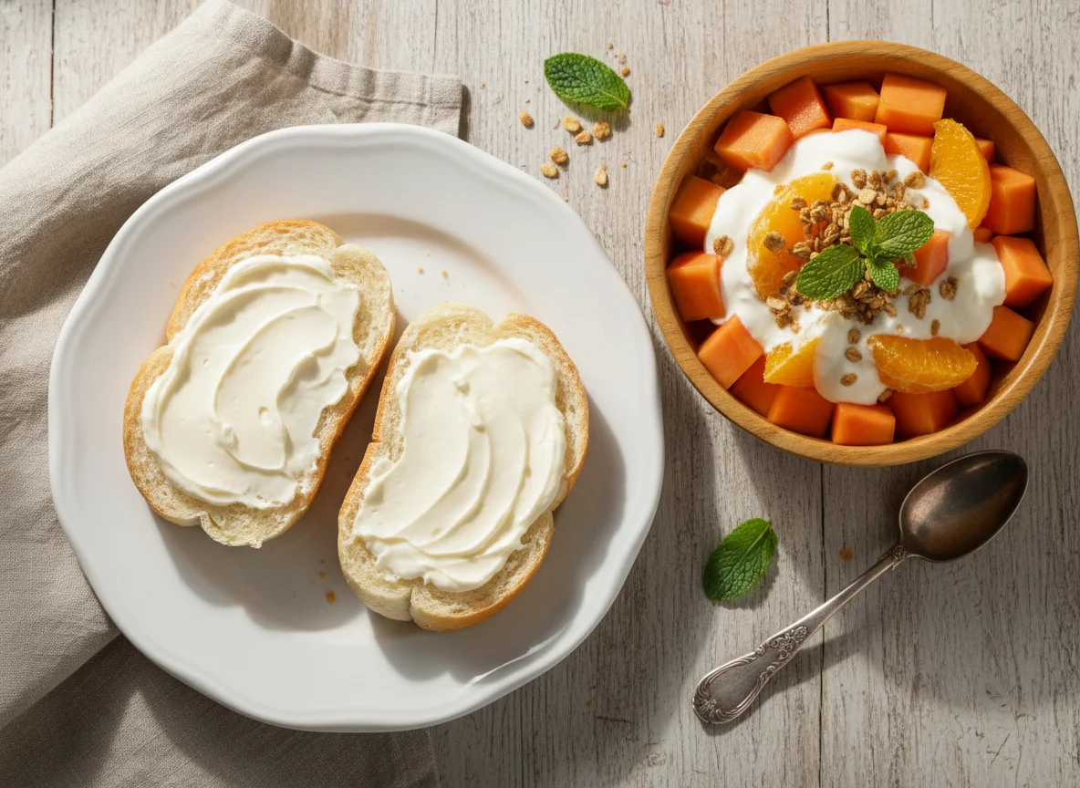 Pão com requeijão e salada de frutas com creme photo