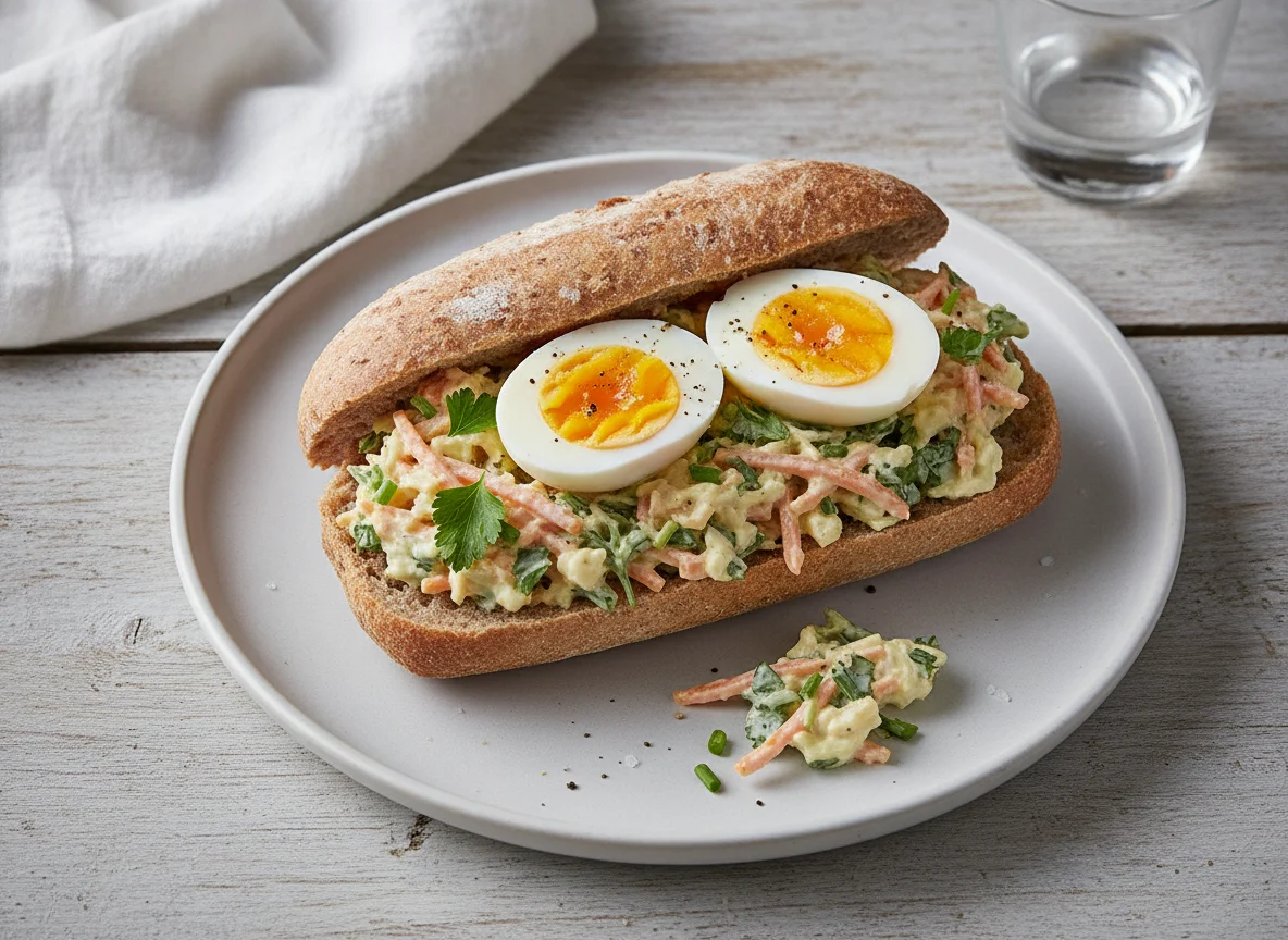 Pão com salada cremosa e ovo cozido photo