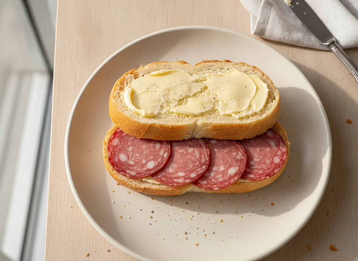 Pão com salame e manteiga photo