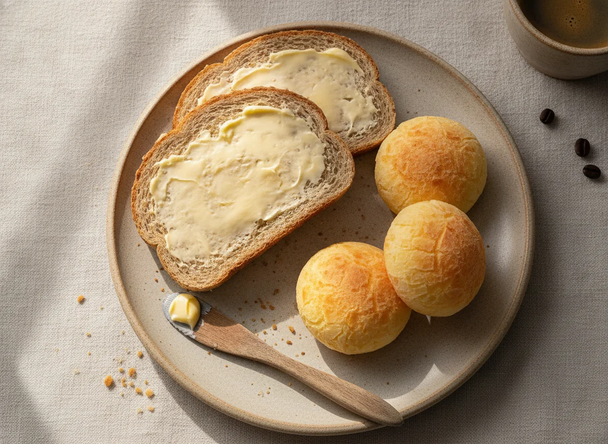 Pão de forma com manteiga e pão de queijo photo