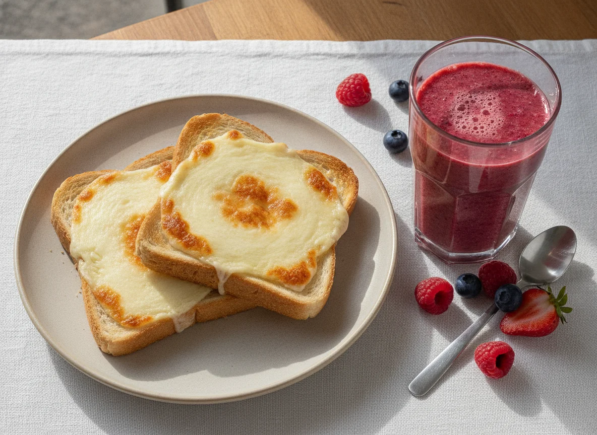 Pão de forma com mussarela e vitamina de frutas vermelhas photo