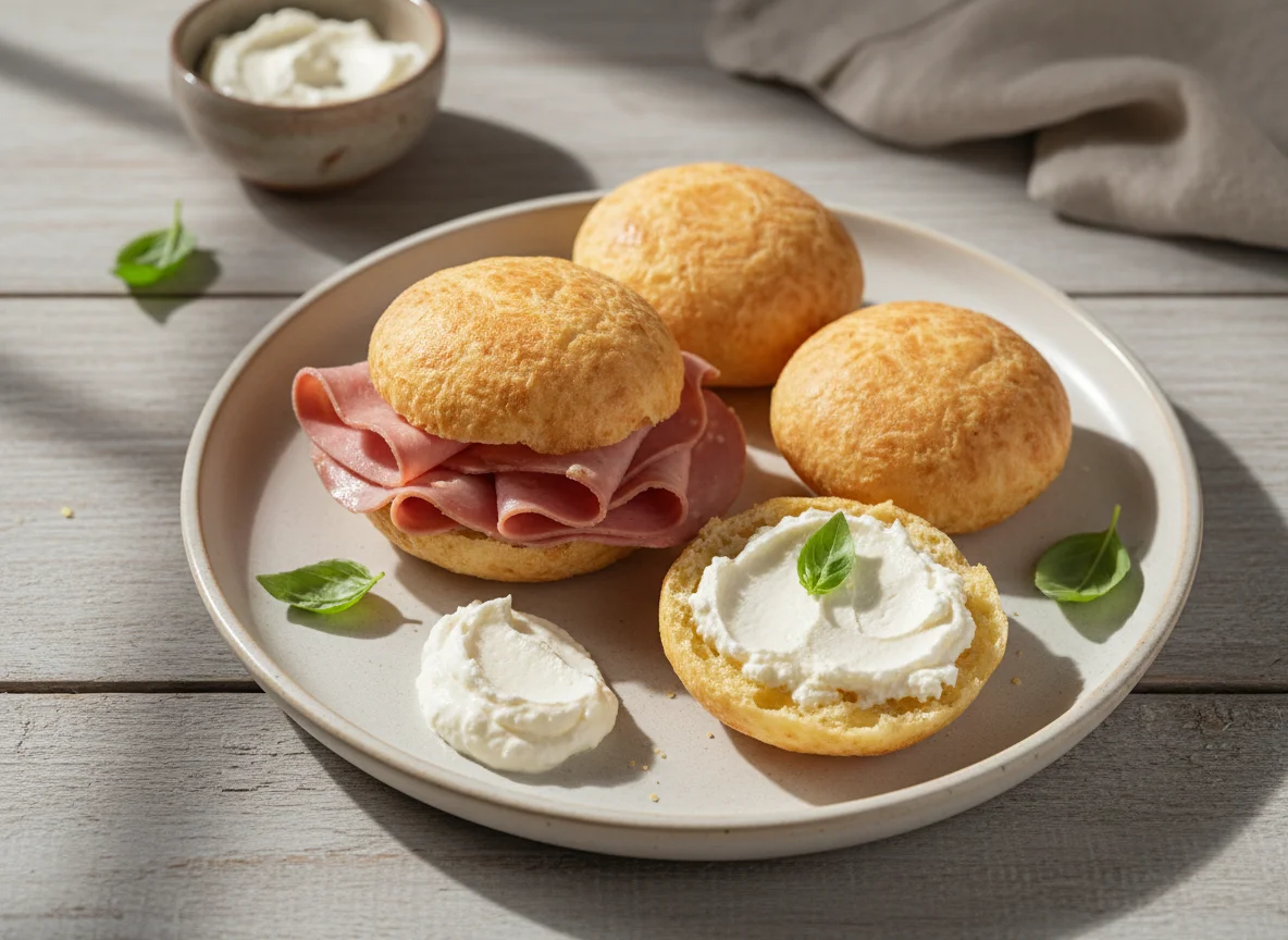 Pão de queijo com mortadela e creme de ricota photo