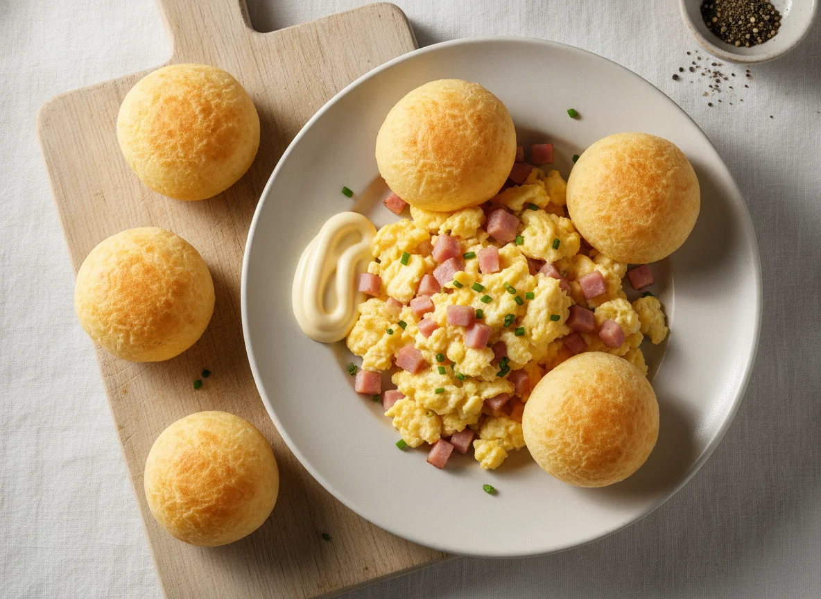 Pão de queijo com ovos mexidos e presunto photo