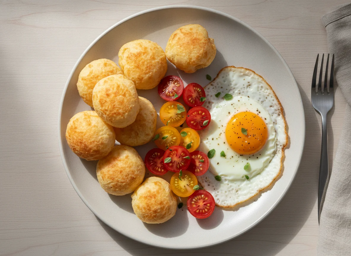 Pão de queijo com tomate e ovo photo