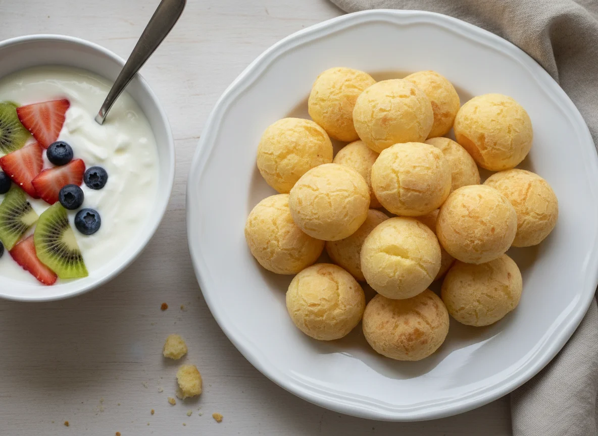 Pão de queijo e salada de frutas com iogurte photo