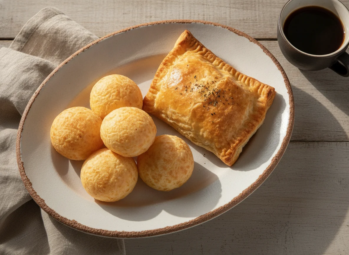 Pão de queijo e salgado de presunto e queijo com café photo