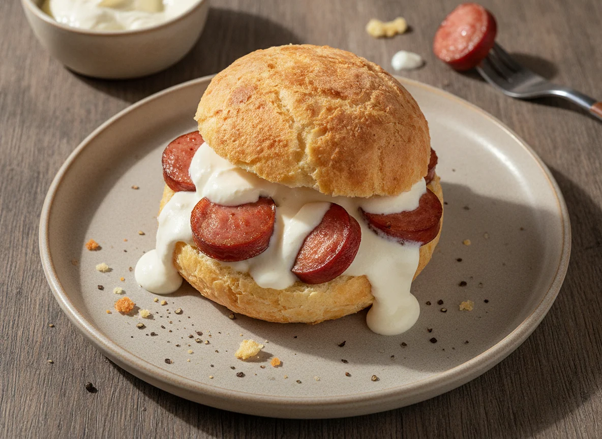 Pão de queijo recheado com salsicha e requeijão photo