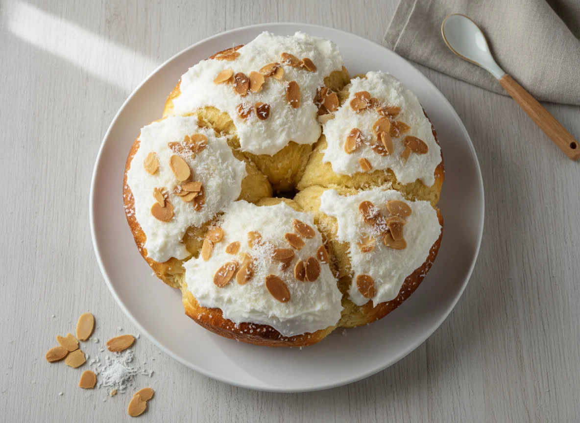 Pão doce com cobertura de coco e amêndoas photo
