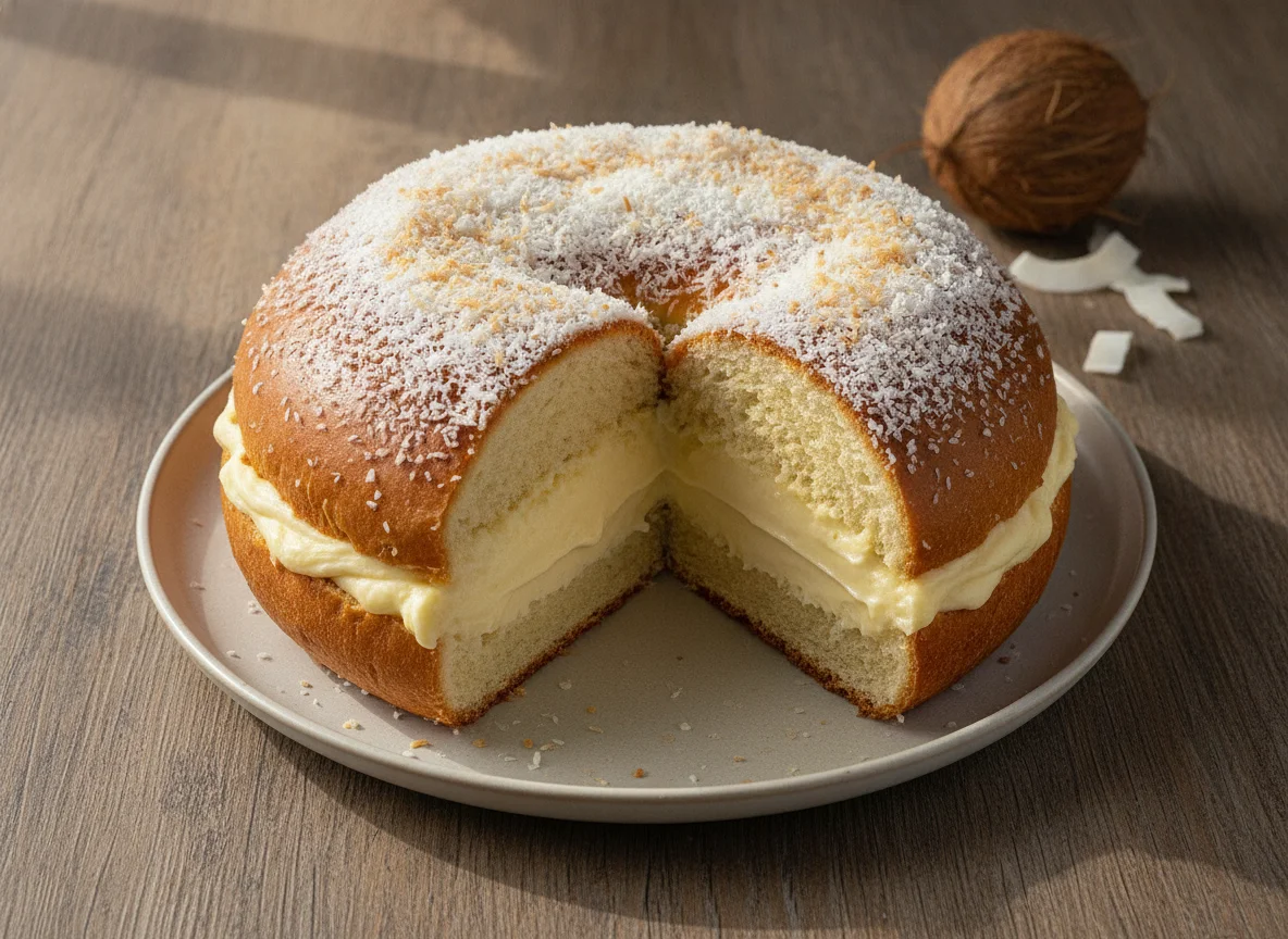 Pão doce com creme e coco ralado photo