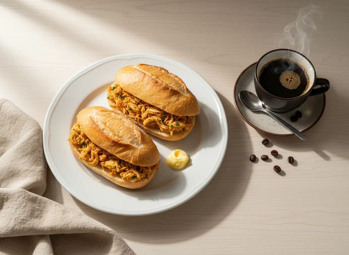 Pão francês com frango desfiado e café photo