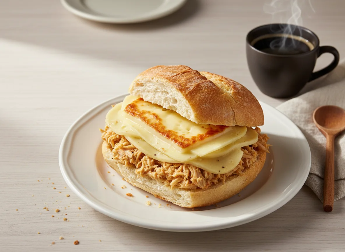 Pão francês com frango desfiado e queijo, e café photo