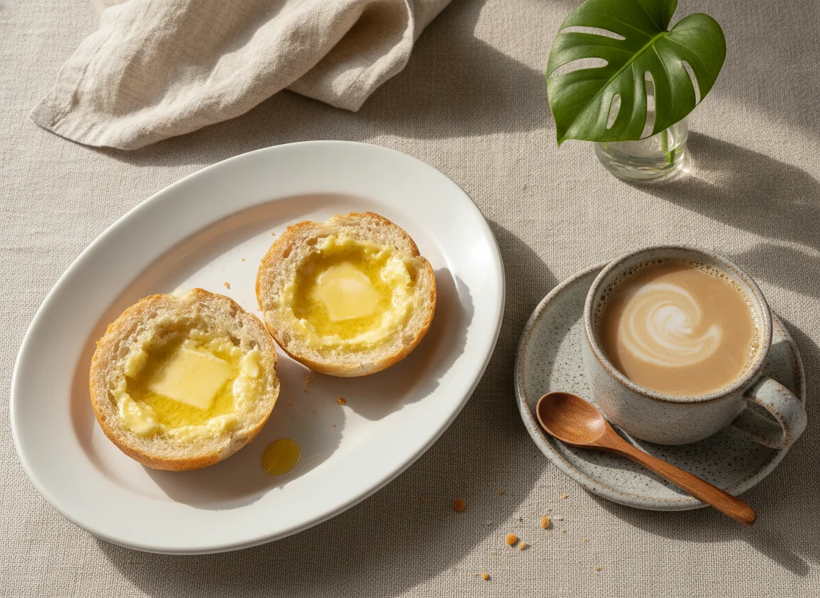 Pão francês com manteiga e café com leite photo
