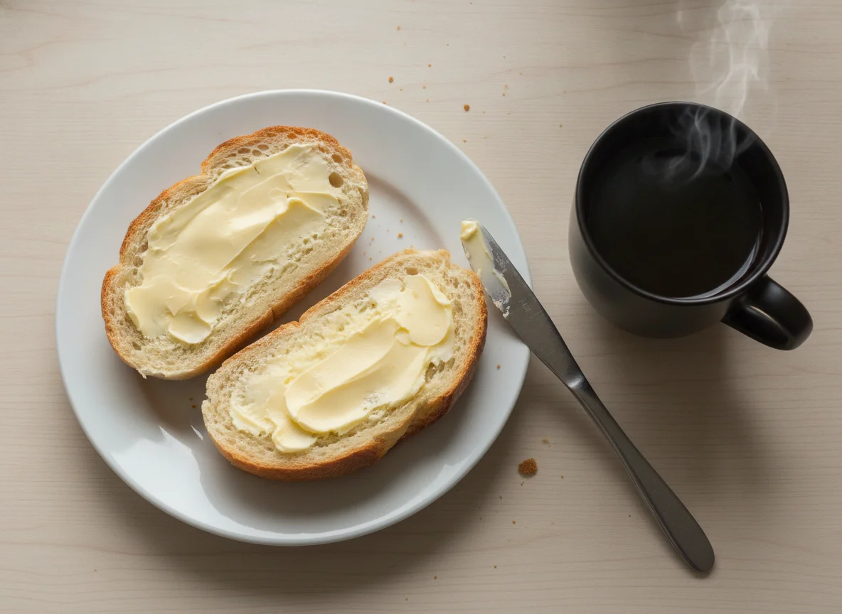 Pão francês com manteiga e café preto photo