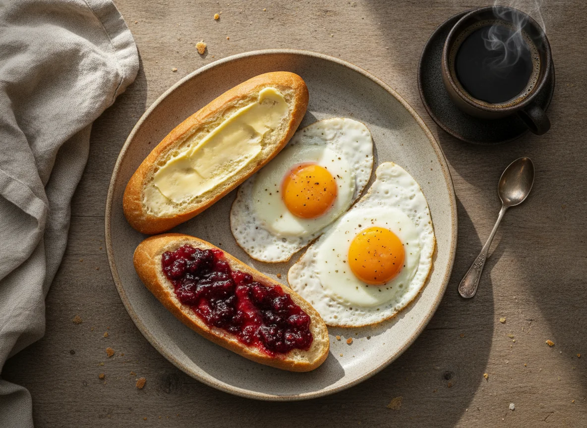 Pão francês com manteiga, geleia e ovos com queijo photo