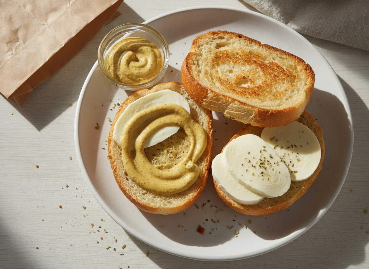 Pão francês com mussarela e mostarda photo
