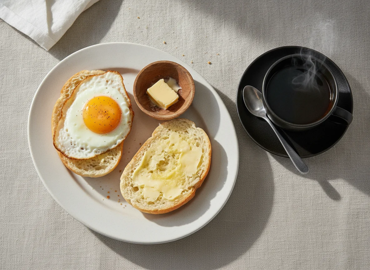 Pão francês com ovo e café preto photo