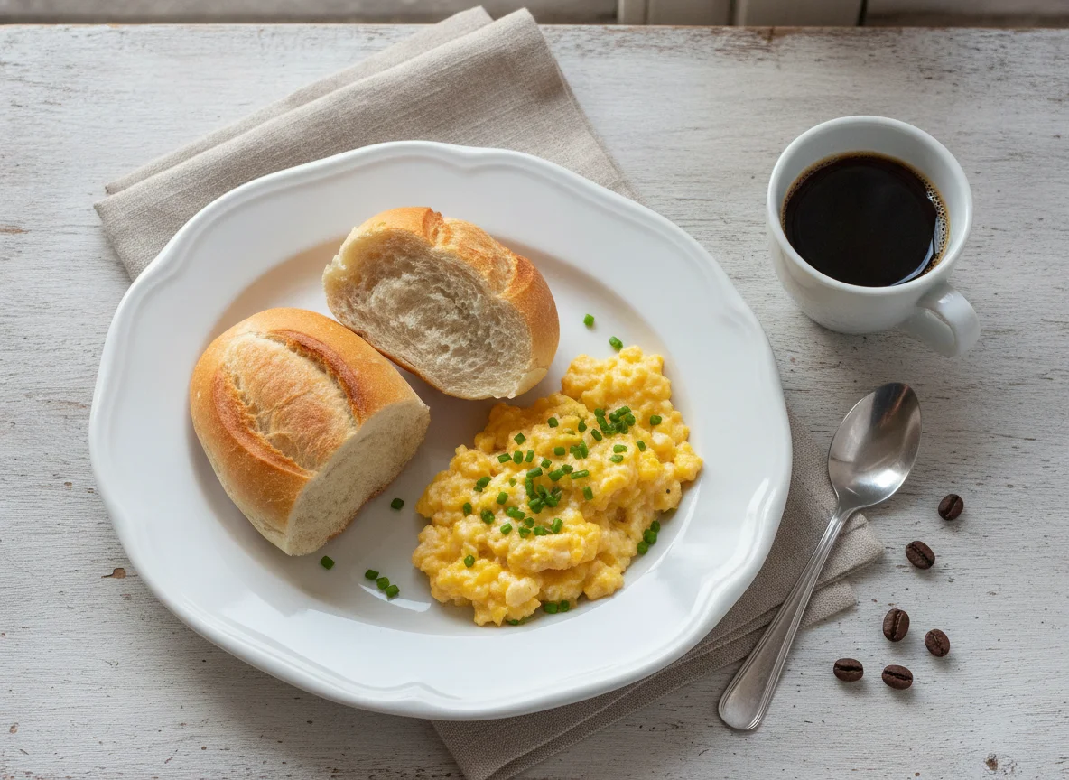 Pão francês com ovo mexido e café photo