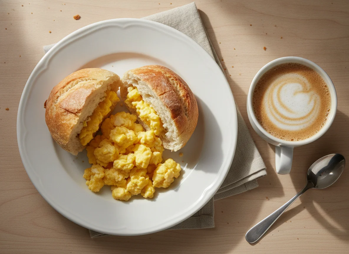 Pão francês com ovo mexido e café com leite photo