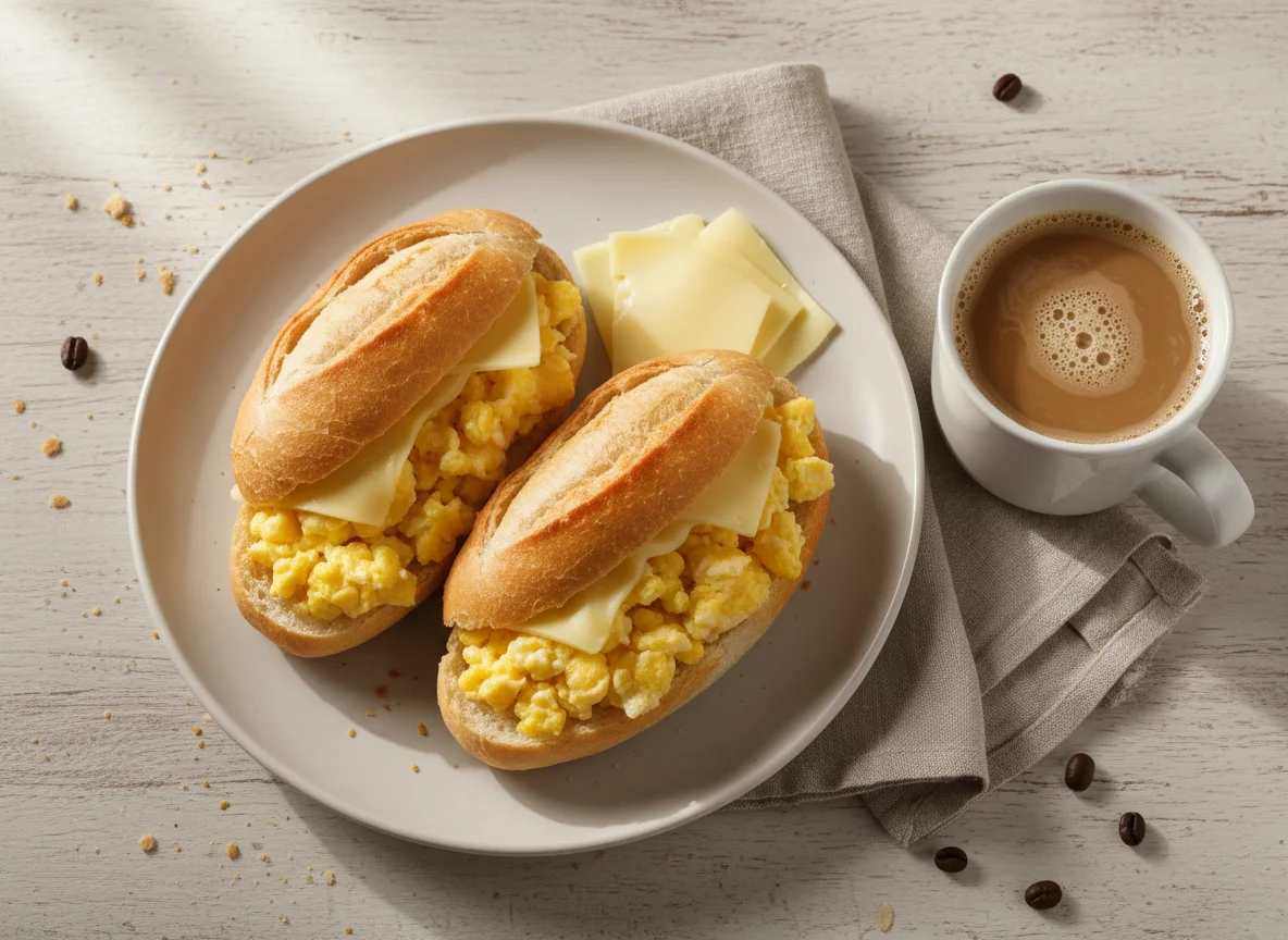 Pão francês com ovo mexido e queijo, e café com leite photo