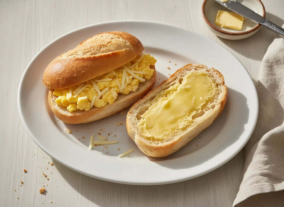 Pão francês com ovo mexido, mussarela e manteiga photo