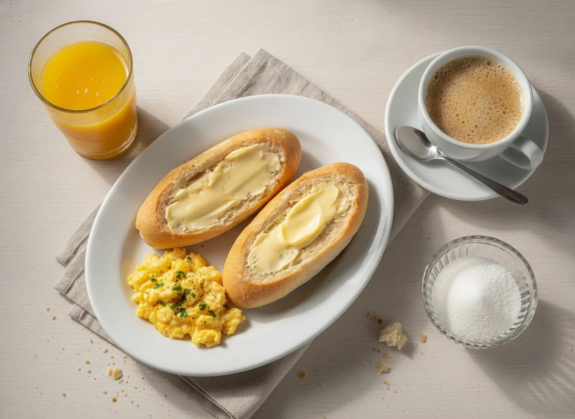 Pão francês com ovo mexido, suco e café com leite photo
