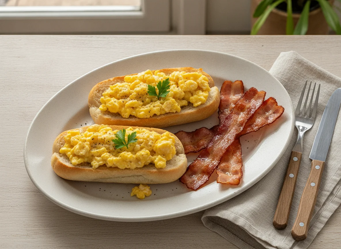Pão francês com ovos e bacon photo