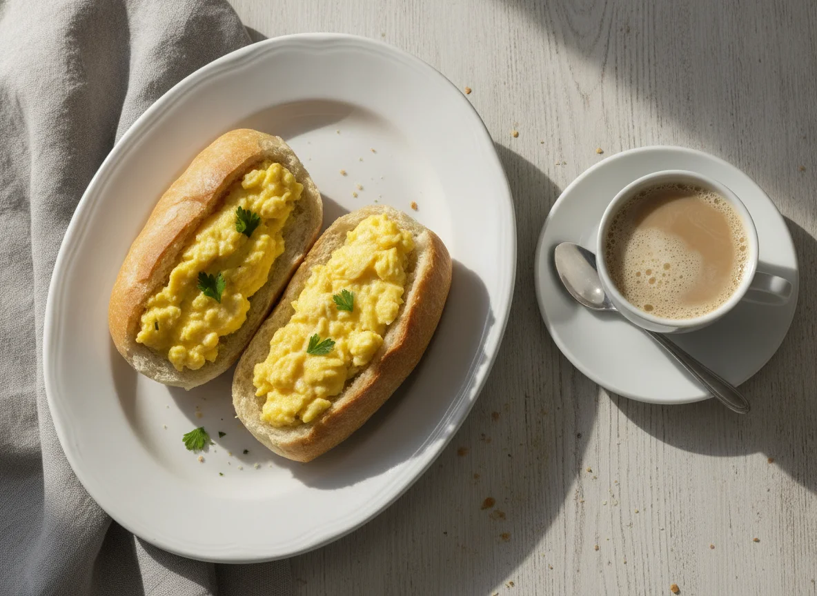 Pão francês com ovos mexidos e café com leite photo