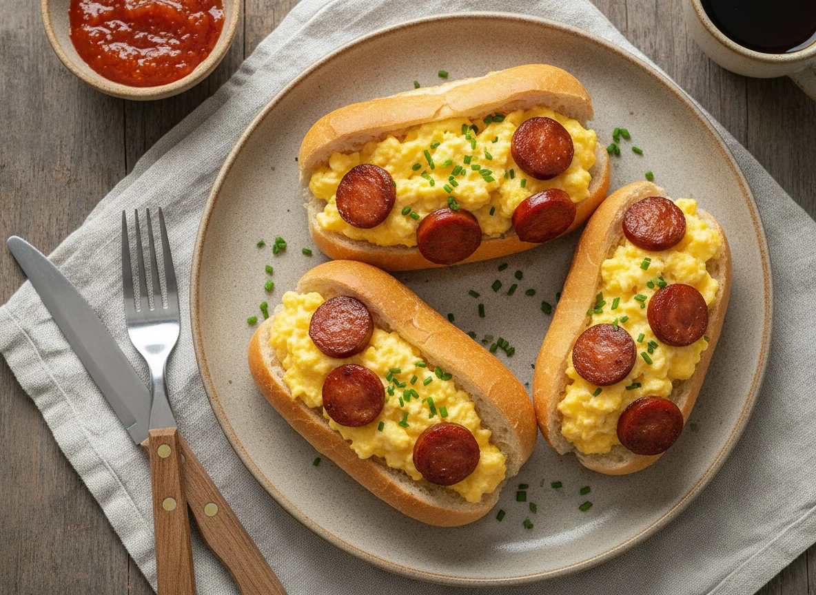 Pão francês com ovos mexidos e linguiça photo