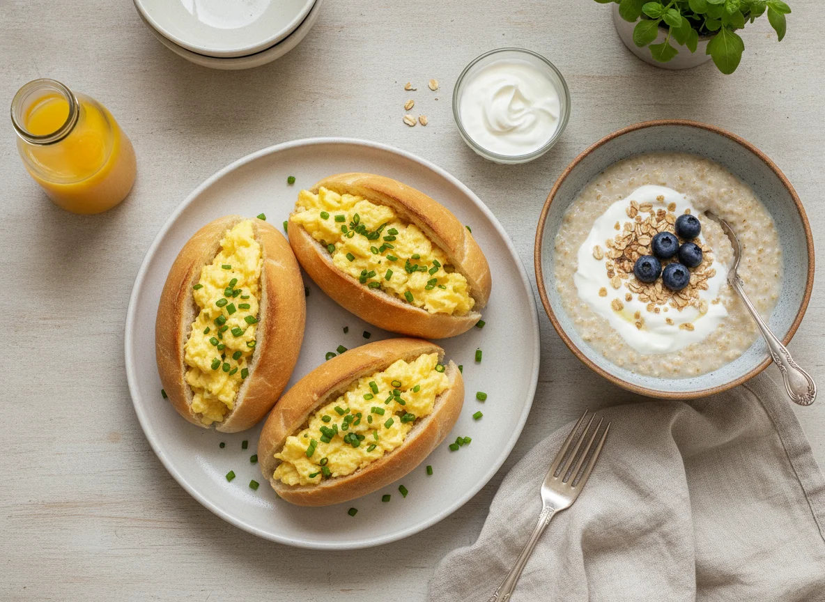 Pão francês com ovos mexidos e mingau de aveia com iogurte photo