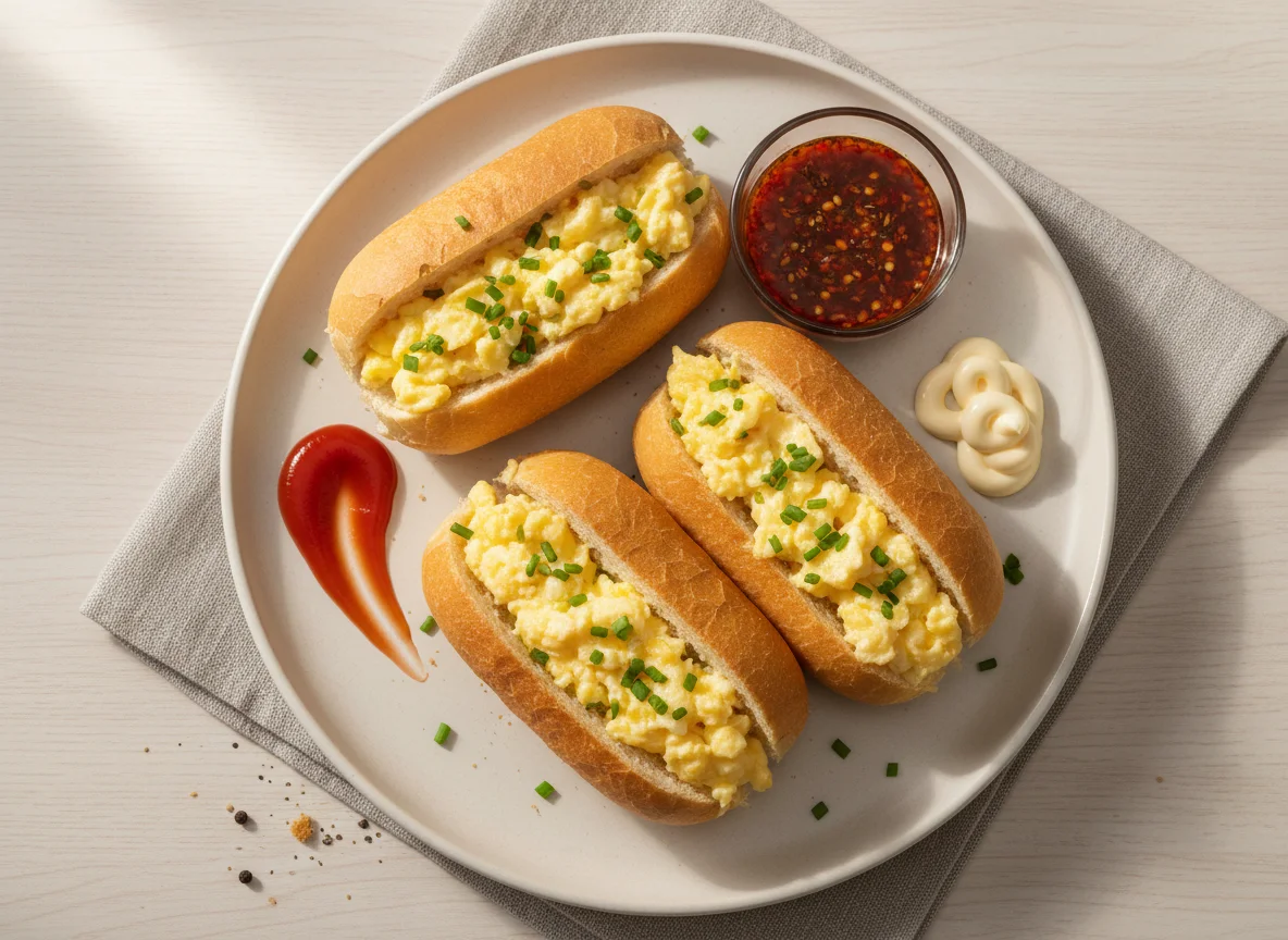 Pão francês com ovos mexidos e molhos photo