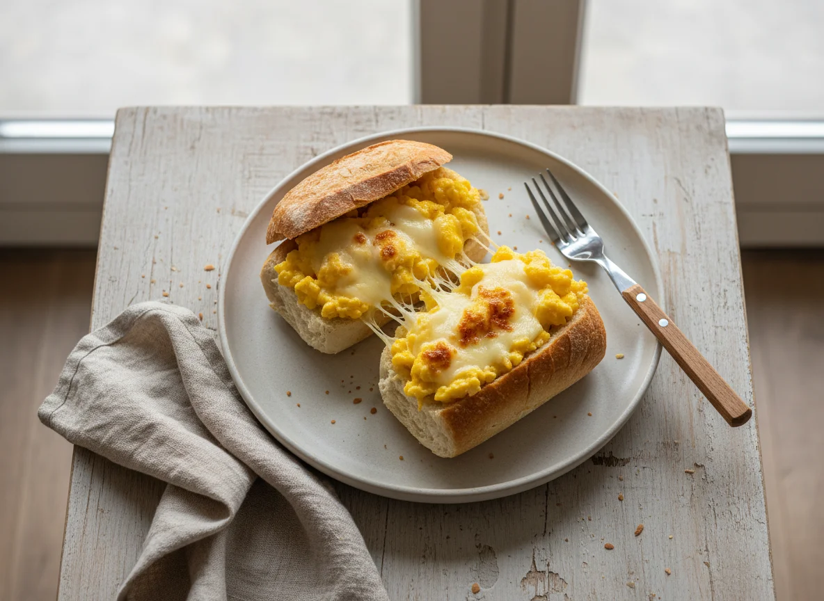 Pão francês com ovos mexidos e mussarela photo
