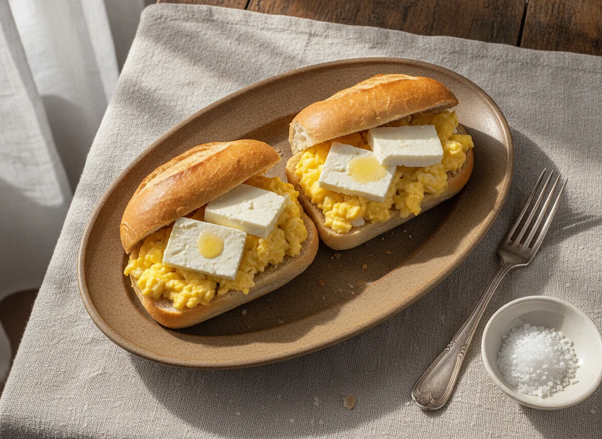 Pão francês com ovos mexidos e queijo minas photo