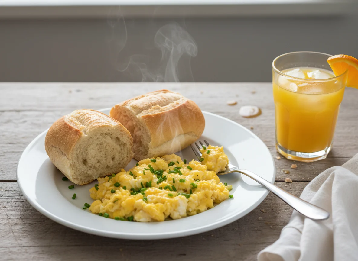 Pão francês com ovos mexidos e suco de laranja photo