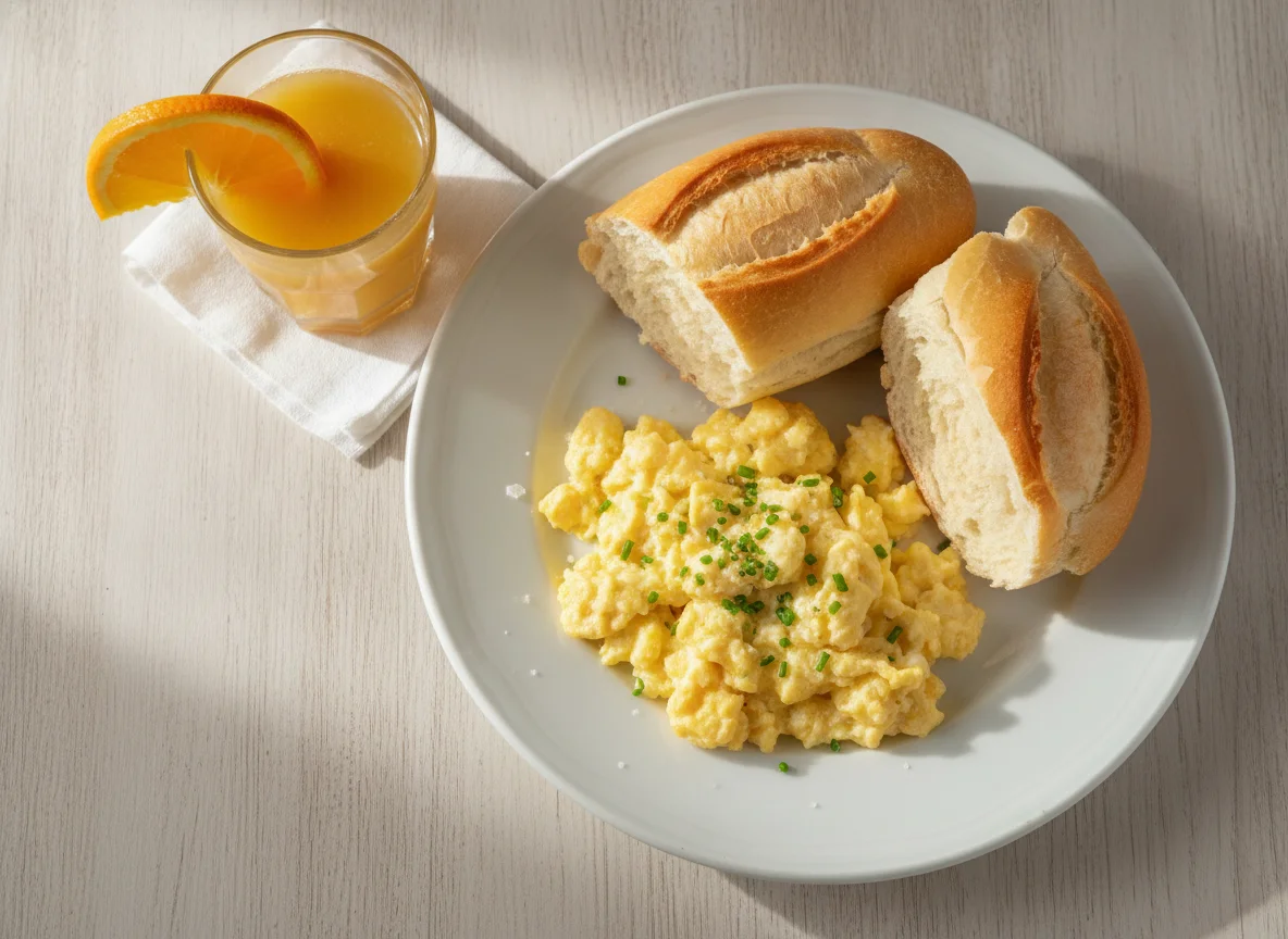 Pão francês com ovos mexidos e suco photo