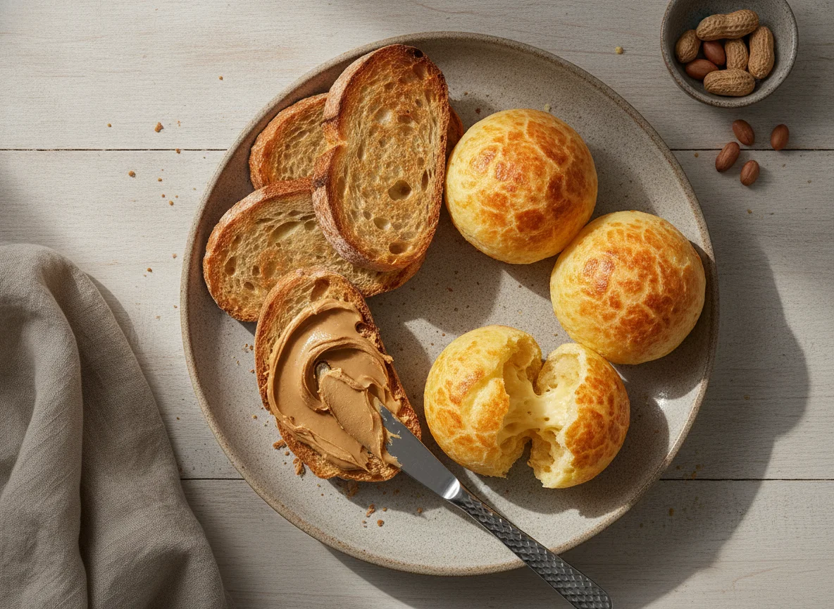 Pão francês com pasta de amendoim e pão de queijo photo