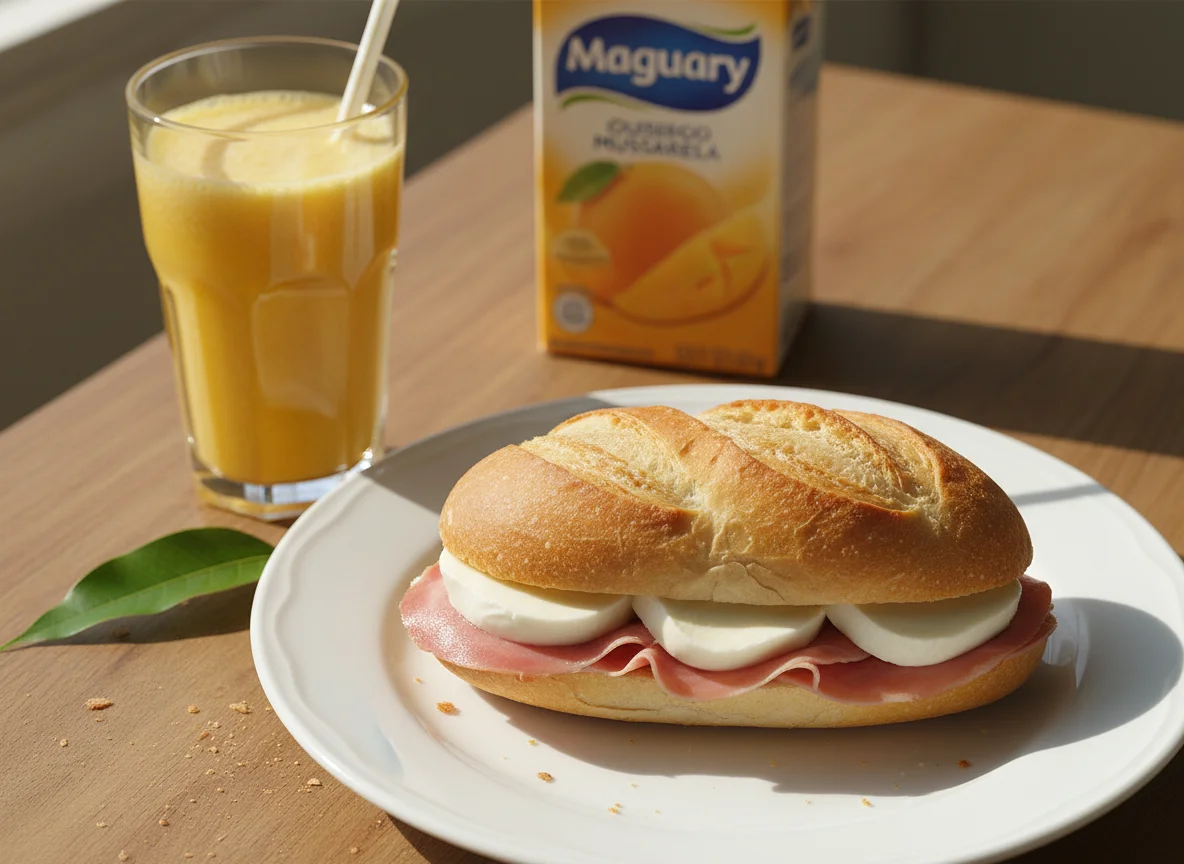 Pão francês com presunto e queijo e suco de manga maguary photo