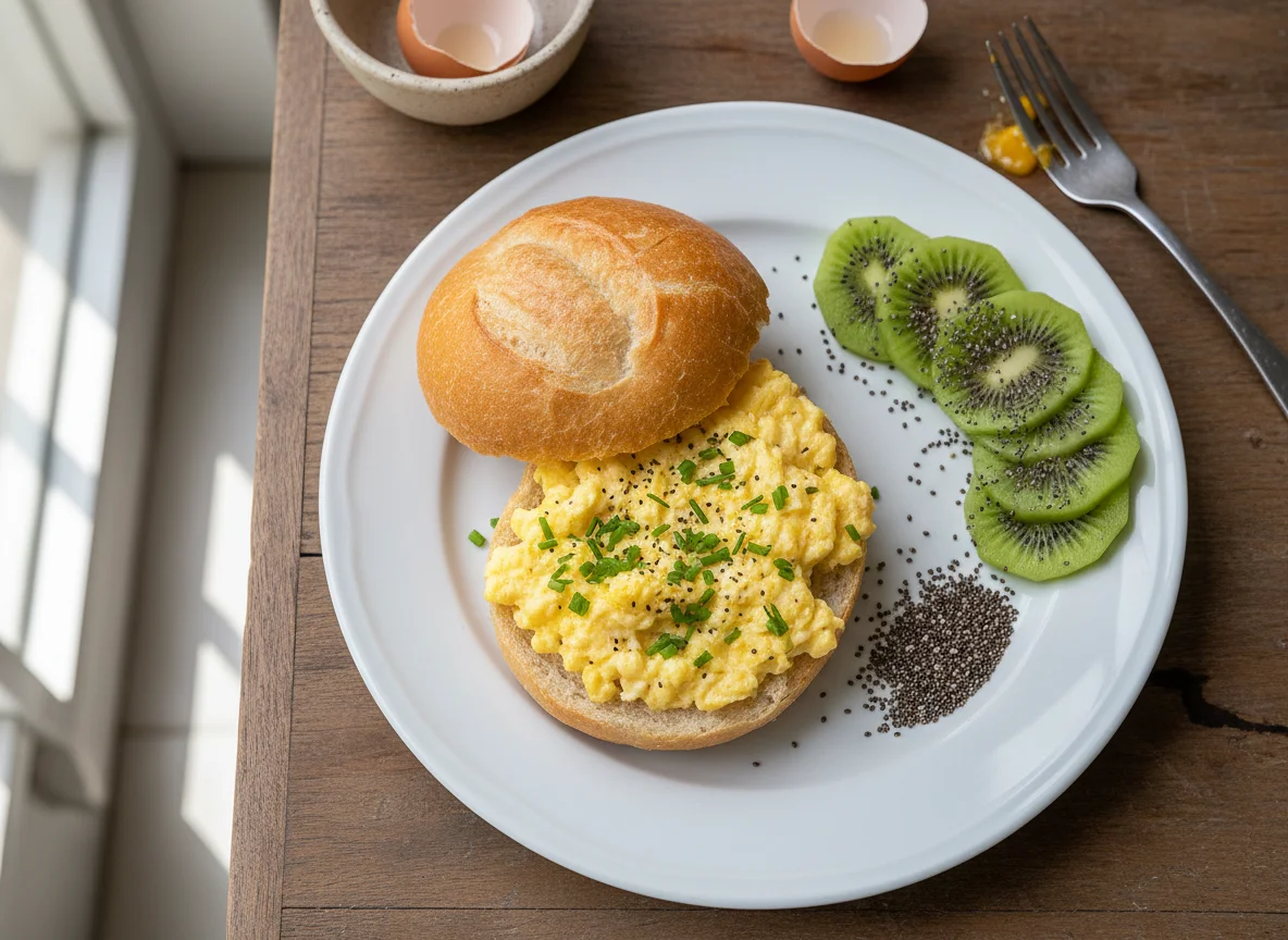 Pão francês com recheio e kiwi com chia photo